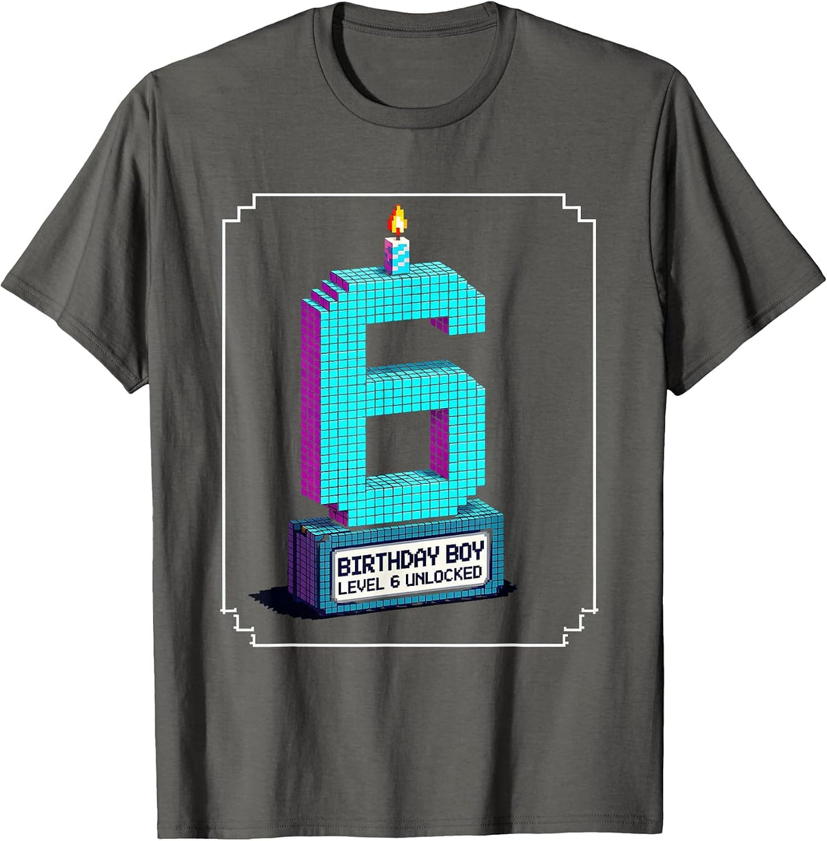 Men's Birthday Boy Level 6 Unlocked Pixel Art Gamer Boy Birthday T-Shirt - Asphalt Grey