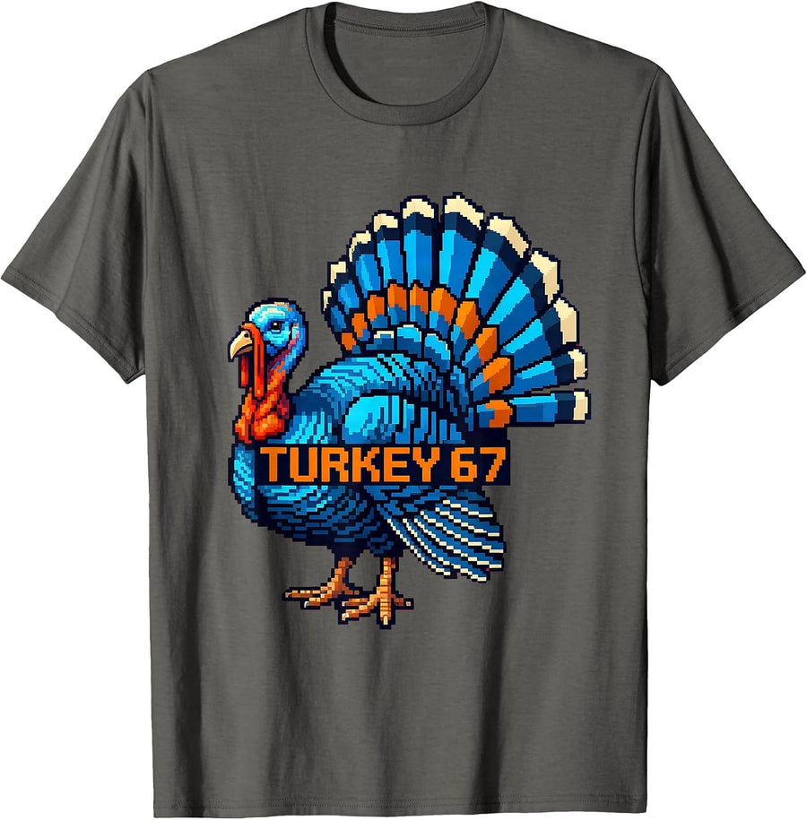 Turkey 67 Pixel Art Gen Z Alpha Meme Slang Thanksgiving T-Shirt - Asphalt Grey