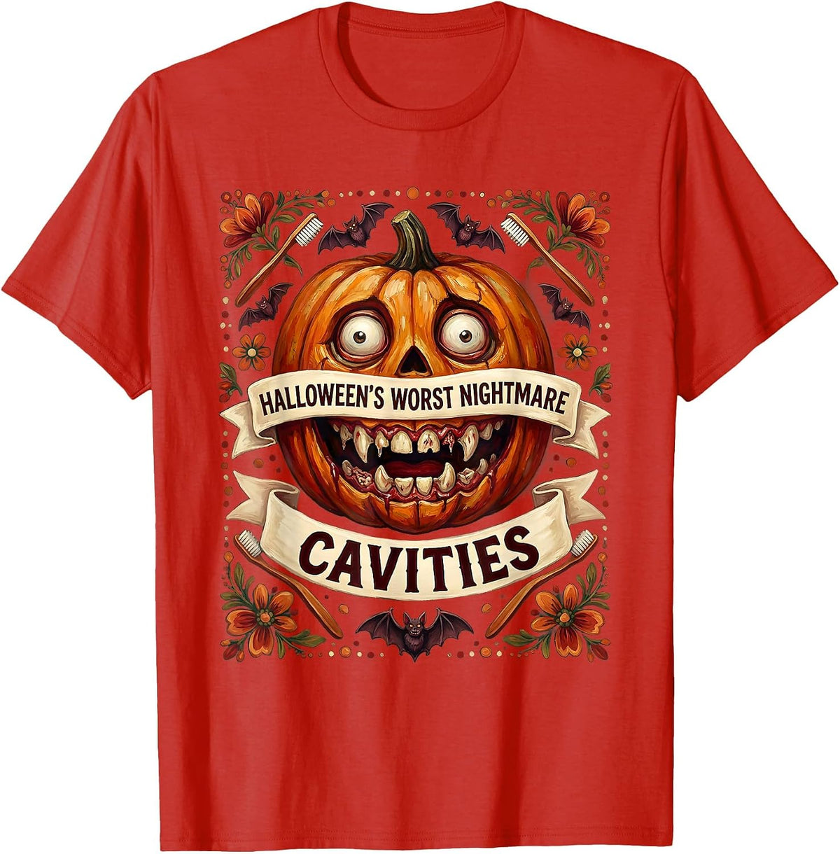 Men's Halloween's Worst Nightmare Cavities Dental Design T-Shirt - Red