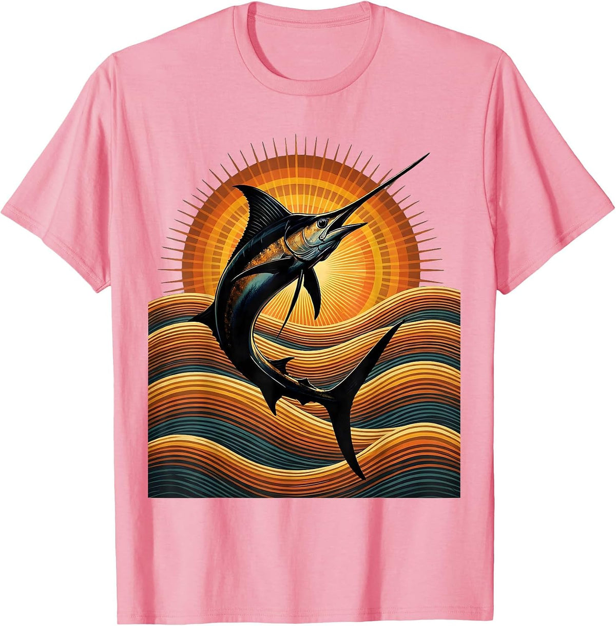 Giant Marlin Leaping Over Ocean Waves Fishing T-Shirt - Pink