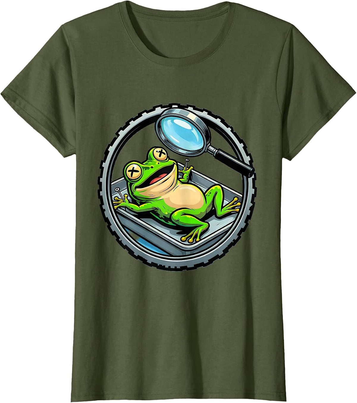 Women's Frog Dissection Tray Magnifier Science Art T-Shirt - Olive Green
