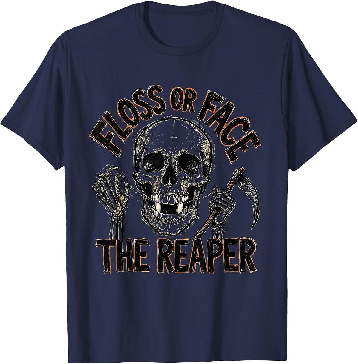 Floss or Face the Reaper Halloween Dental Skull T-Shirt - Navy Blue