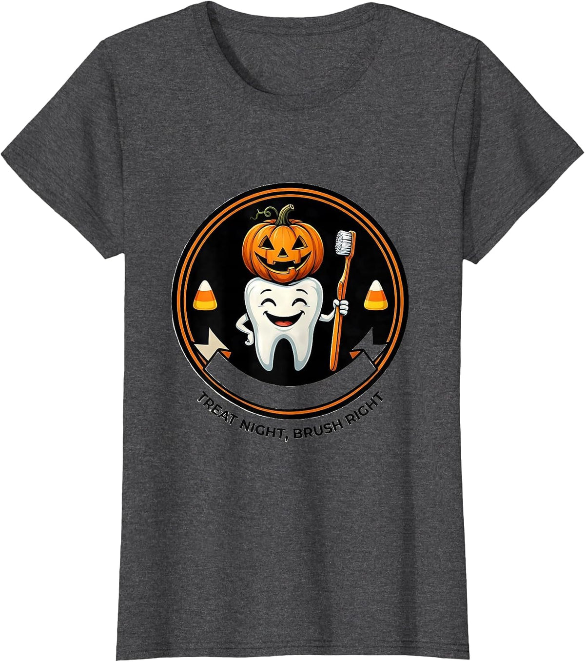 Women's Treat Night Brush Right Playful Dental Humor Halloween T-Shirt - Dark Heather Grey