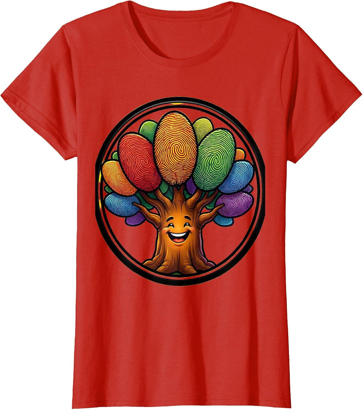Kindergarten Teacher Fingerprint Rainbow Tree T-Shirt - Red