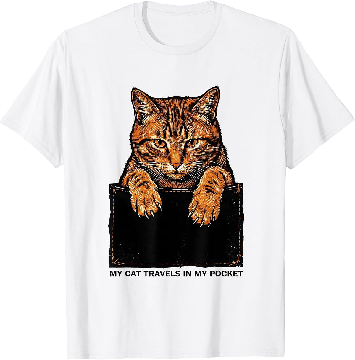 Men's My Cat Travels In My Pocket Playful Cat Lover Linocut T-Shirt - White