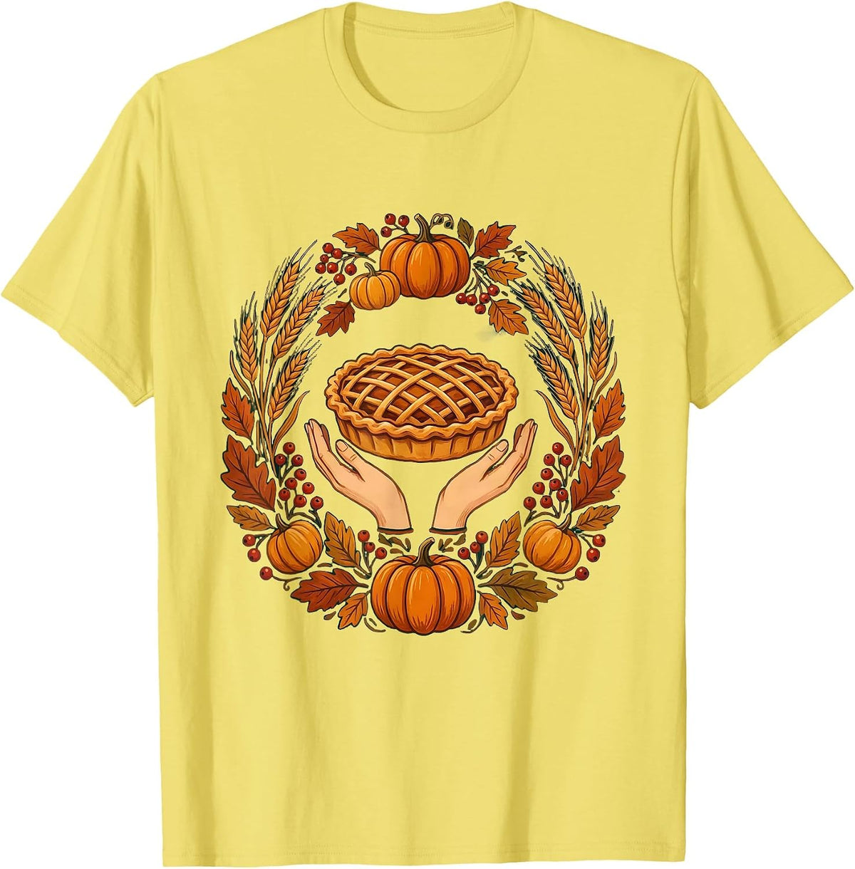 Men's Thanksgiving Pie Cradling Hands Graphic Design T-Shirt - Lemon Yellow