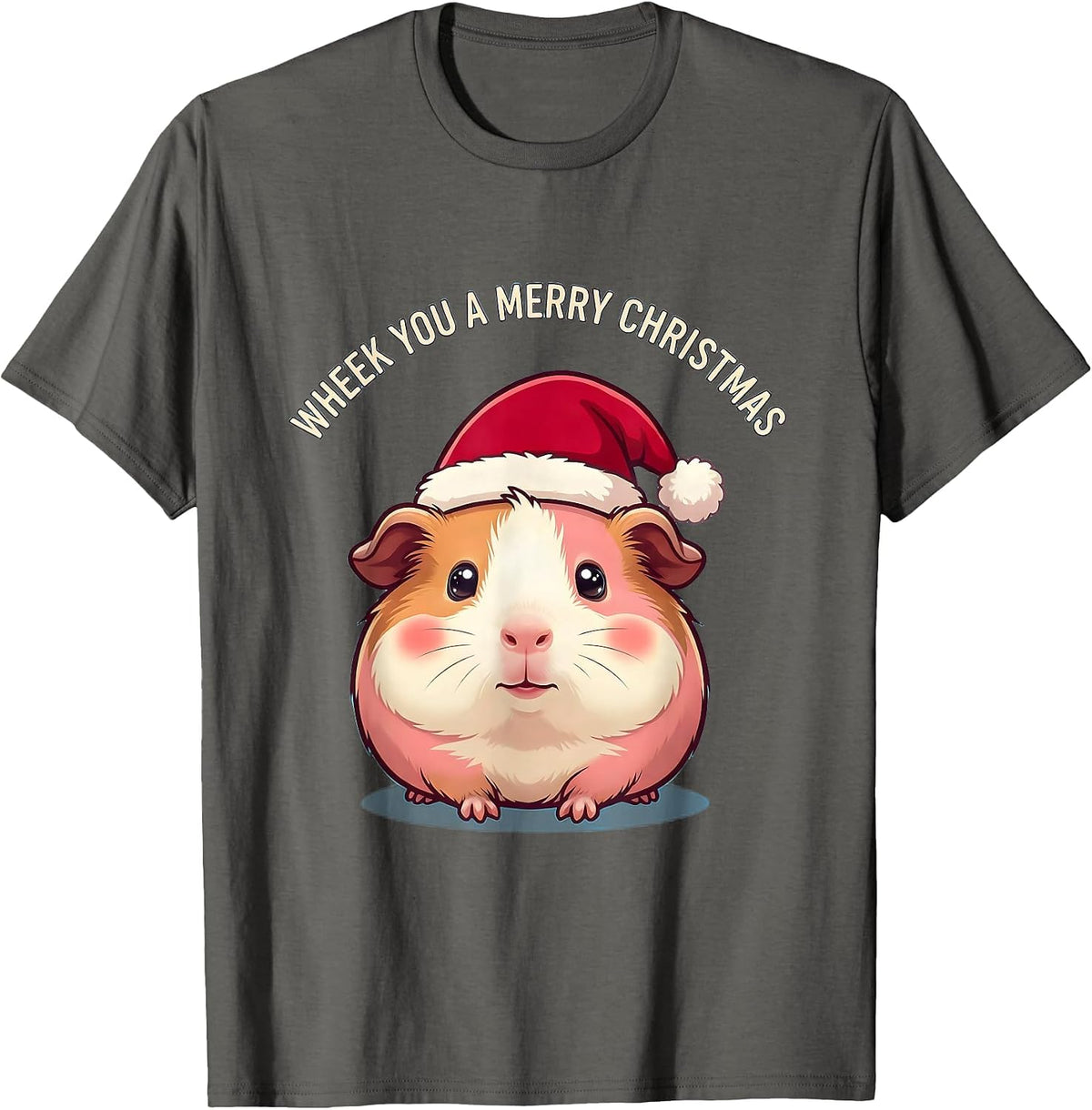 Wheek You A Merry Christmas Cute Kawaii Guinea Pig Santa Hat T-Shirt - Asphalt Grey