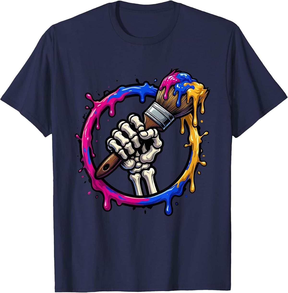 Men's Skeleton Hand Paintbrush Art Teacher Graphic T-Shirt - Navy Blue