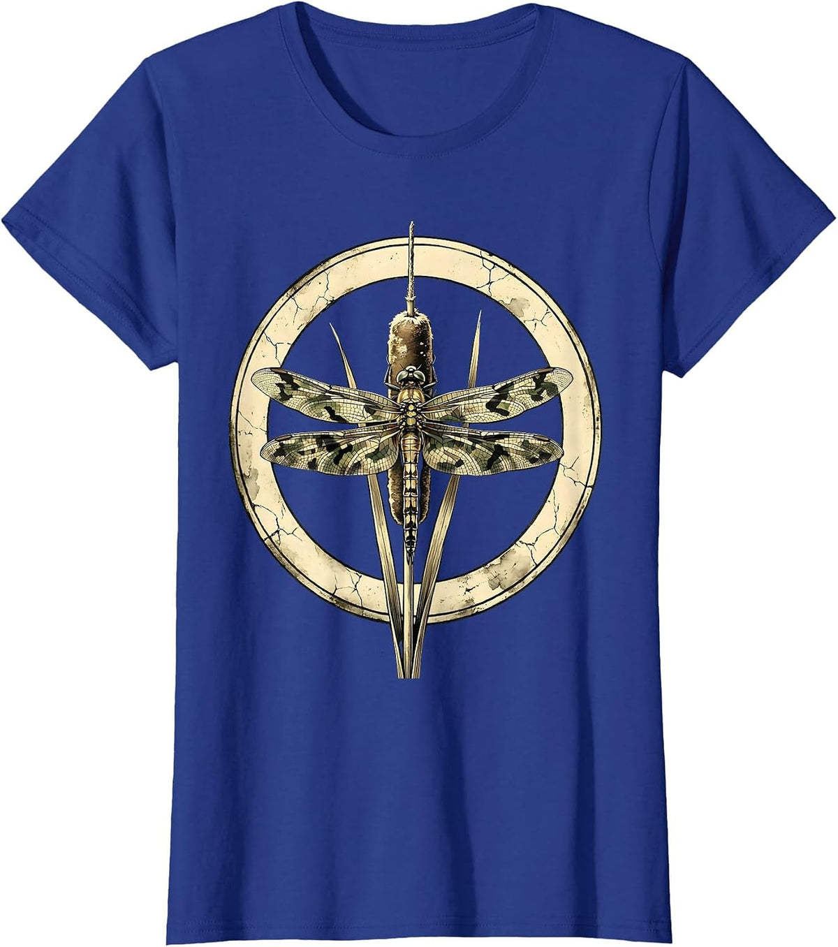 Women's Camo Dragonfly on Cattail Reed Nature Design T-Shirt - Royal Blue