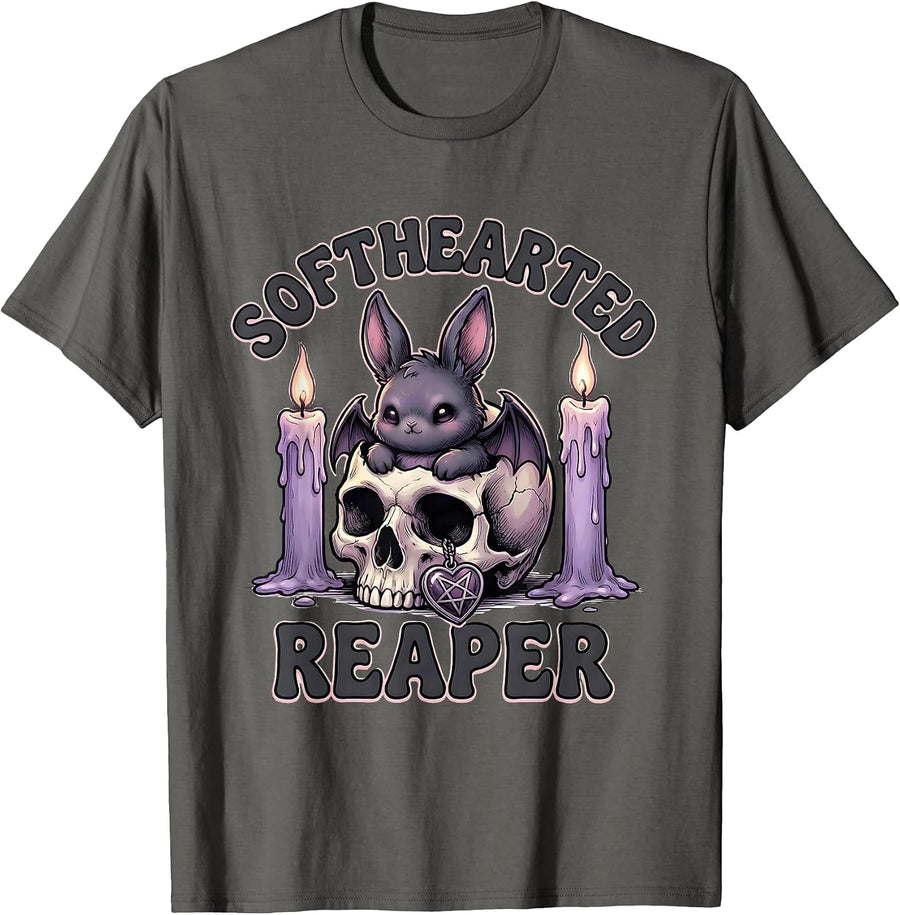 Softhearted Reaper Kawaii Pastel Goth Bat Bunny Skull T-Shirt - Asphalt Grey