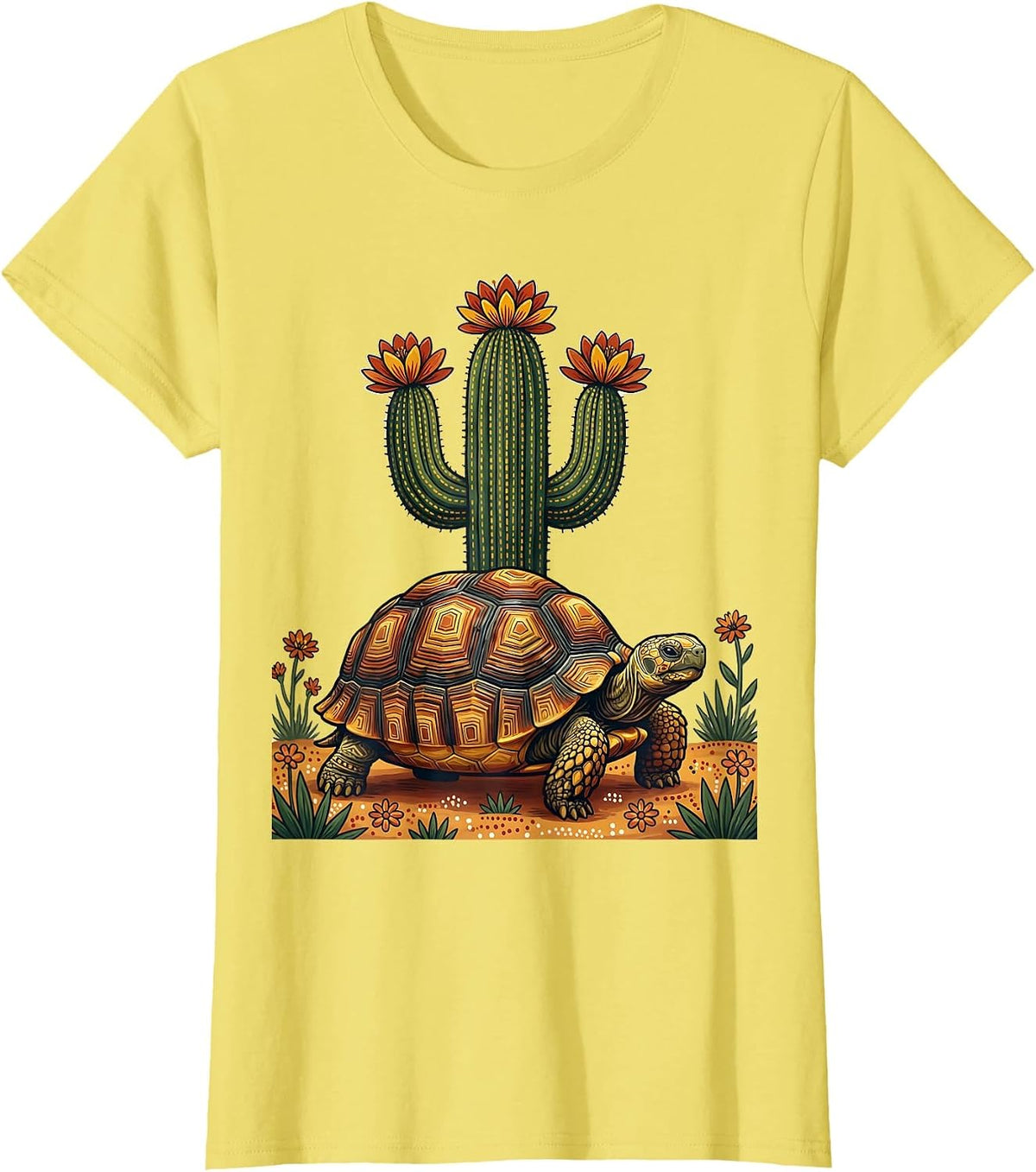 Desert Tortoise and Blooming Cactus Western Art T-Shirt - Lemon Yellow