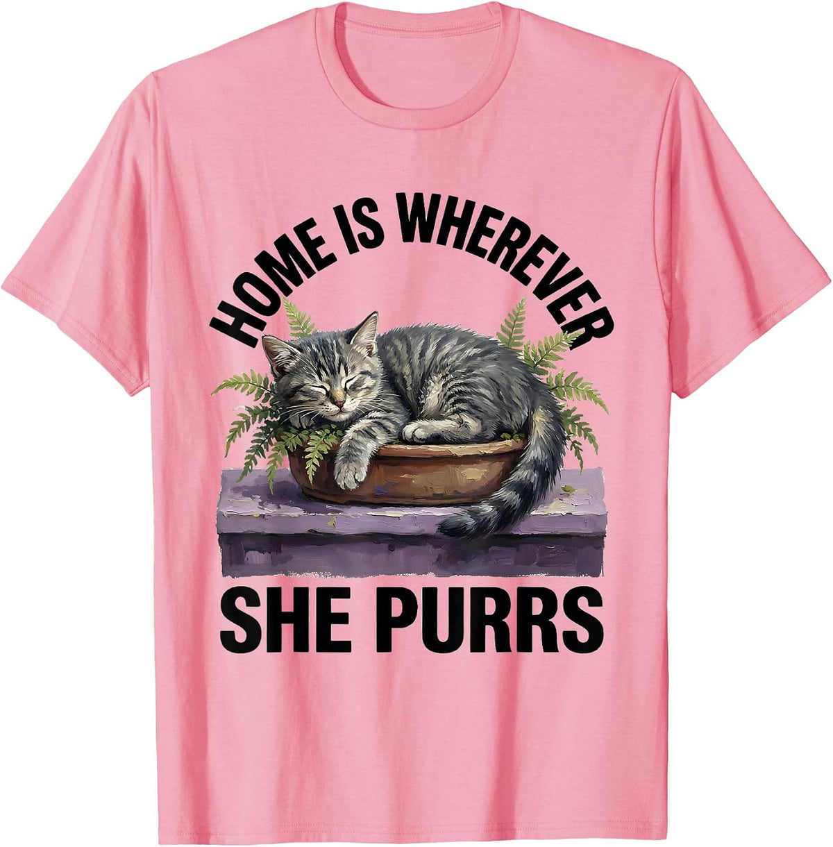 Men's Home Is Wherever She Purrs Cute Kitten Floral Cat Lover Gift T-Shirt - Pink