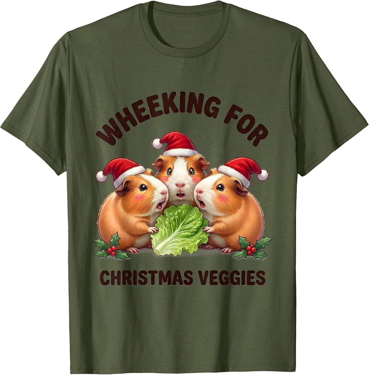 Wheeking For Christmas Veggies Cute Kawaii Guinea Pig Santa T-Shirt - Olive Green