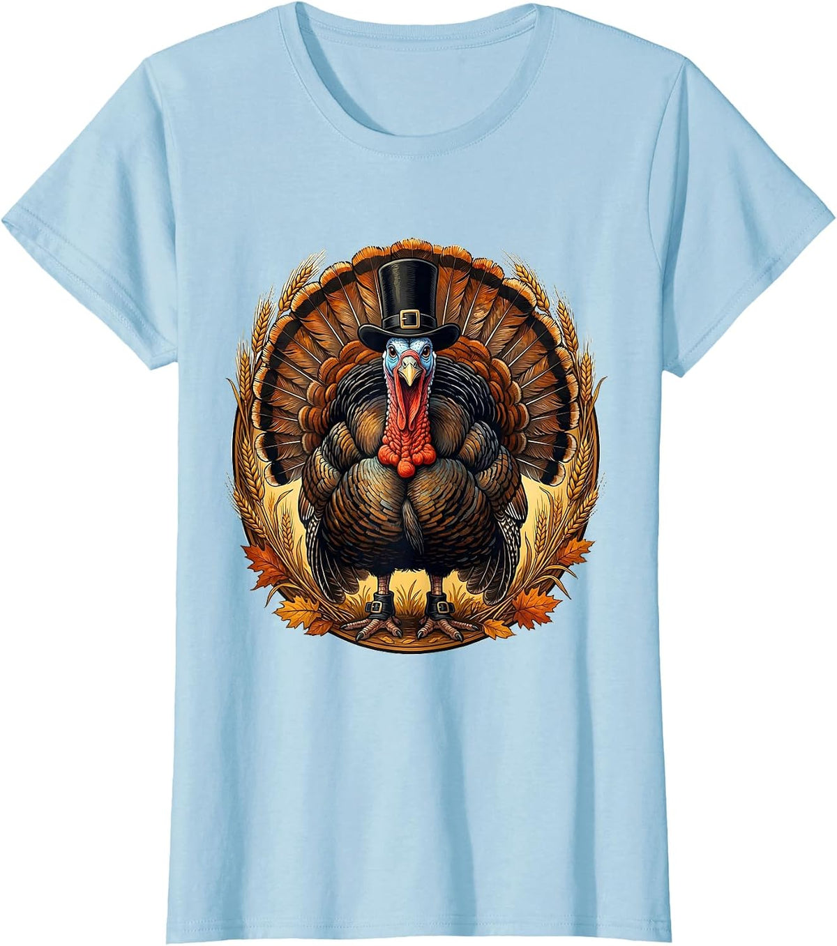 Thanksgiving Pilgrim Turkey Holiday Graphic T-Shirt - Baby Blue