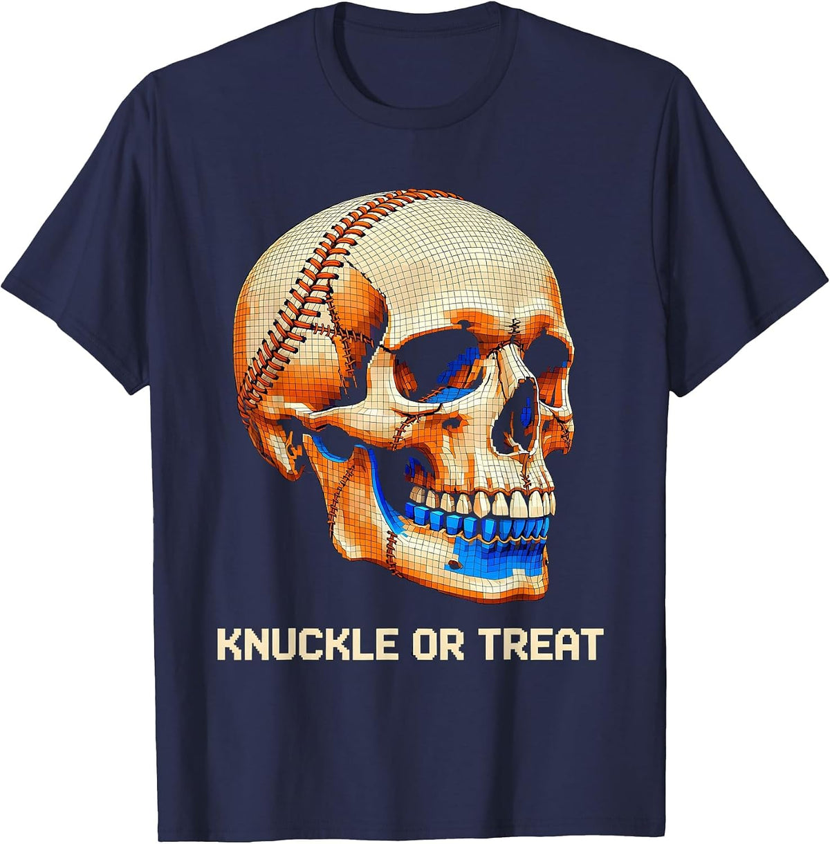 Knuckle Or Treat Pixel Art Skeleton Baseball Halloween T-Shirt - Navy Blue