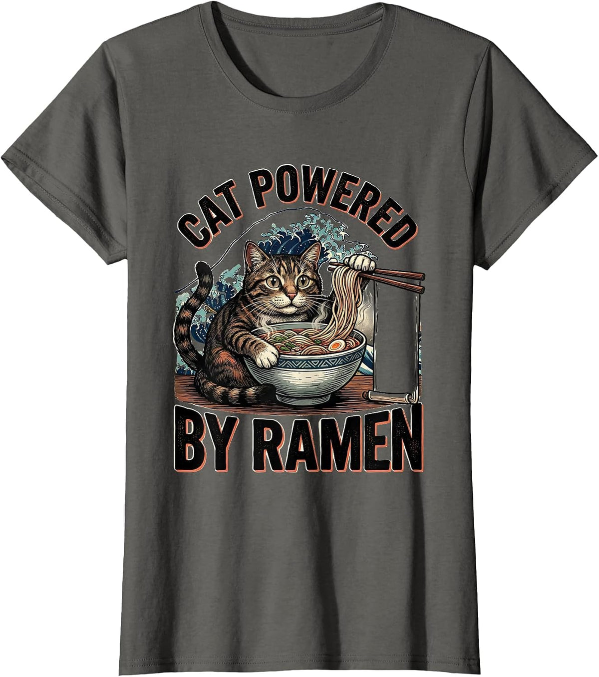 Women's Cat Powered By Ramen Funny Kawaii Anime Cat Gift T-Shirt - Asphalt Grey