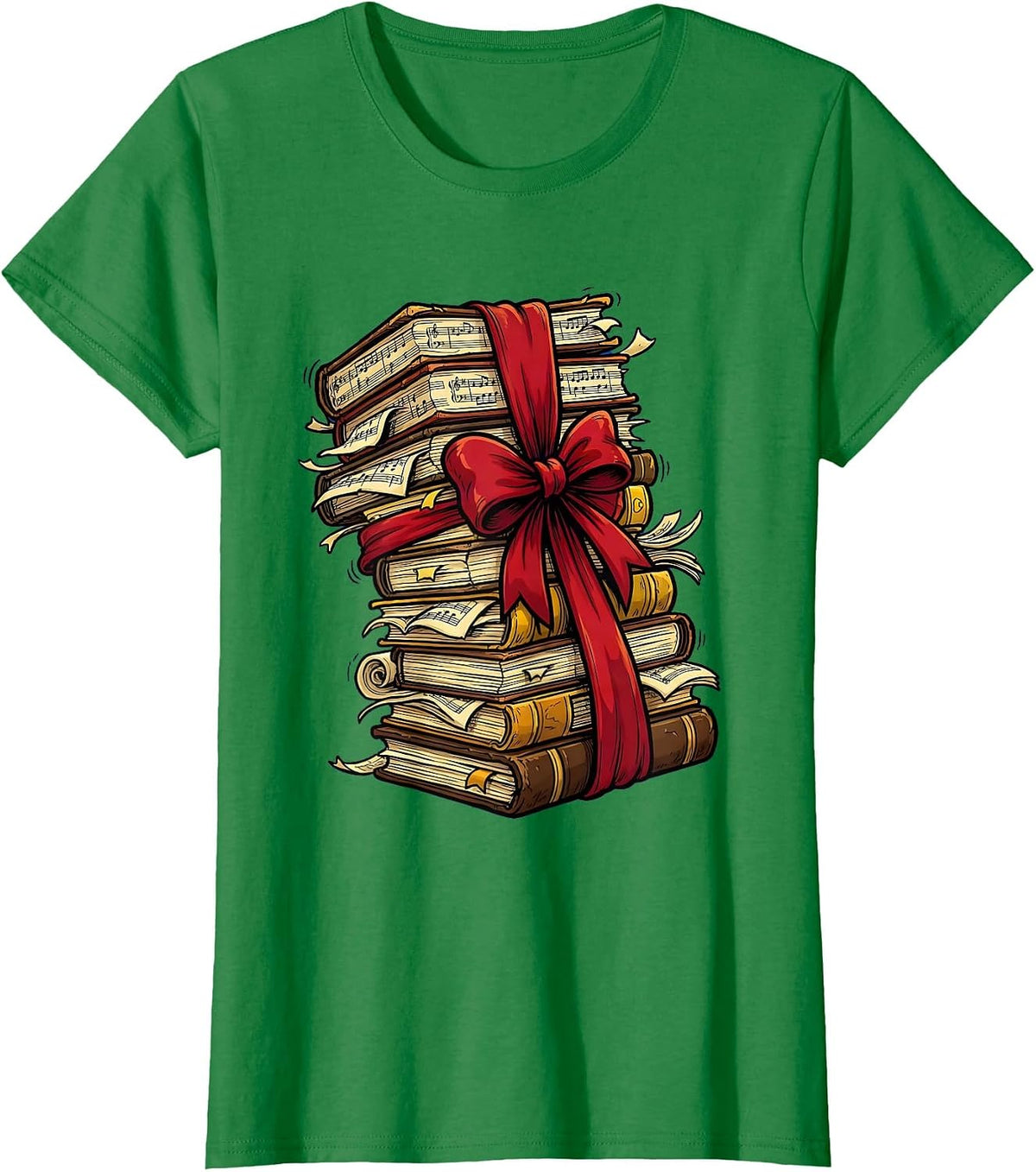 Women's Music Teacher Sheet Music Stack Graphic T-Shirt - Kelly Green