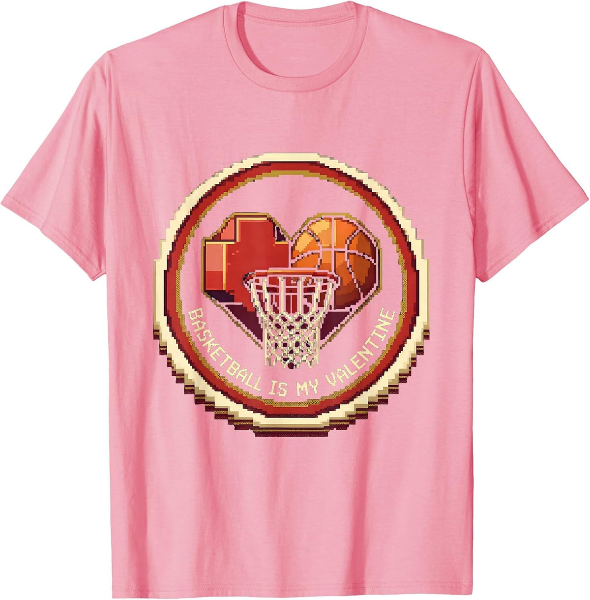 Basketball Is My Valentine Funny Pixel Art Valentine Teen T-Shirt - Pink