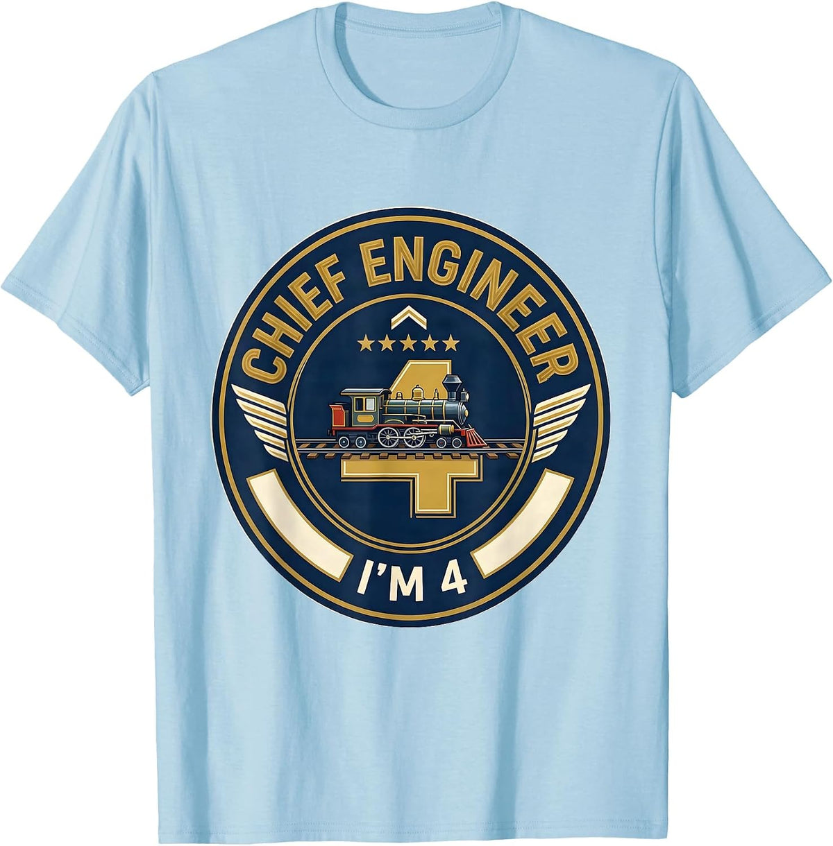 Men's I'm 4 Chief Engineer 4th Birthday Boy Train Party T-Shirt - Baby Blue