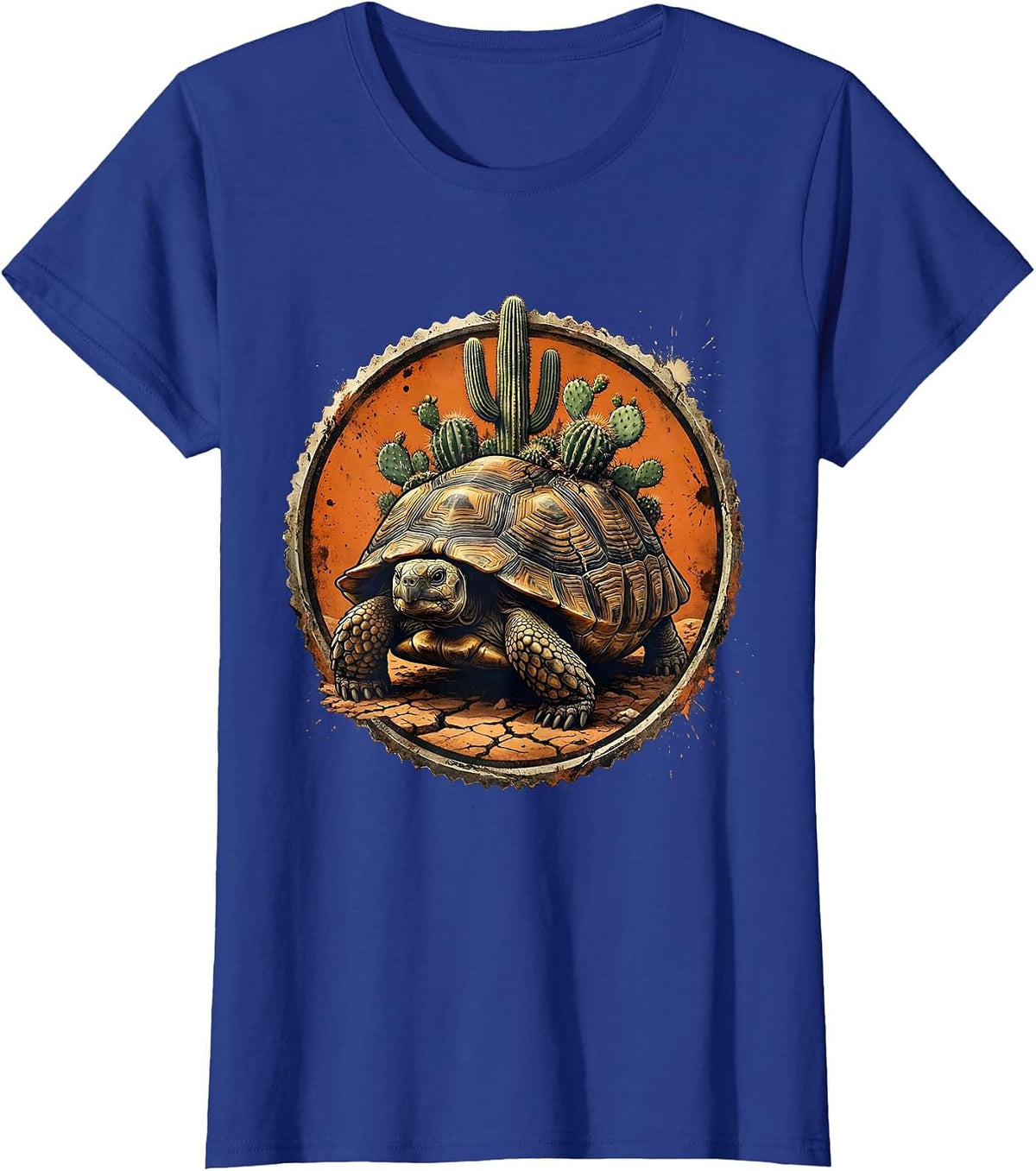 Women's Desert Tortoise with Cacti Western Nature Design T-Shirt - Royal Blue