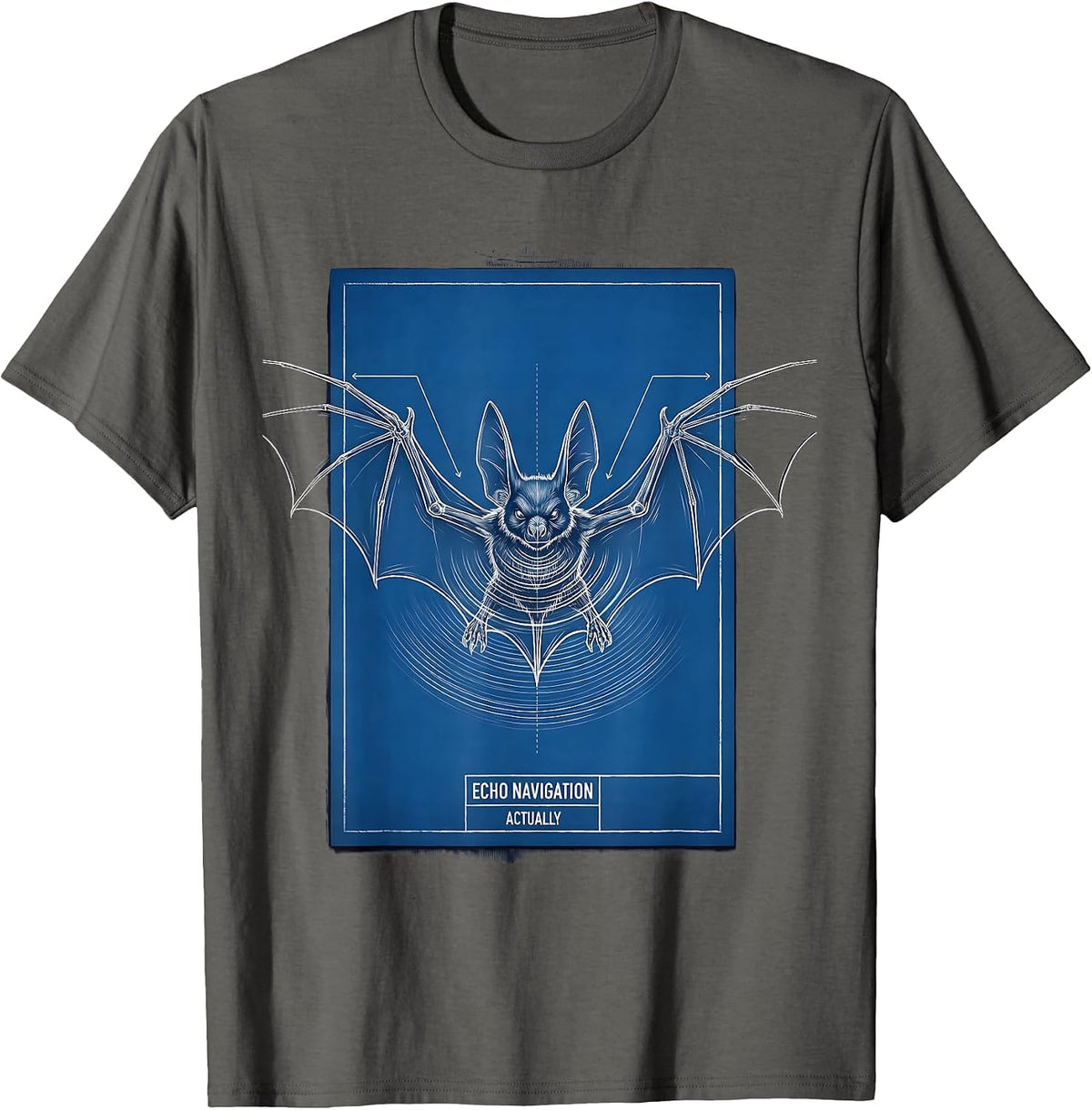 Men's Echo Navigation, Actually Technical Blueprint Bat Lover T-Shirt - Asphalt Grey