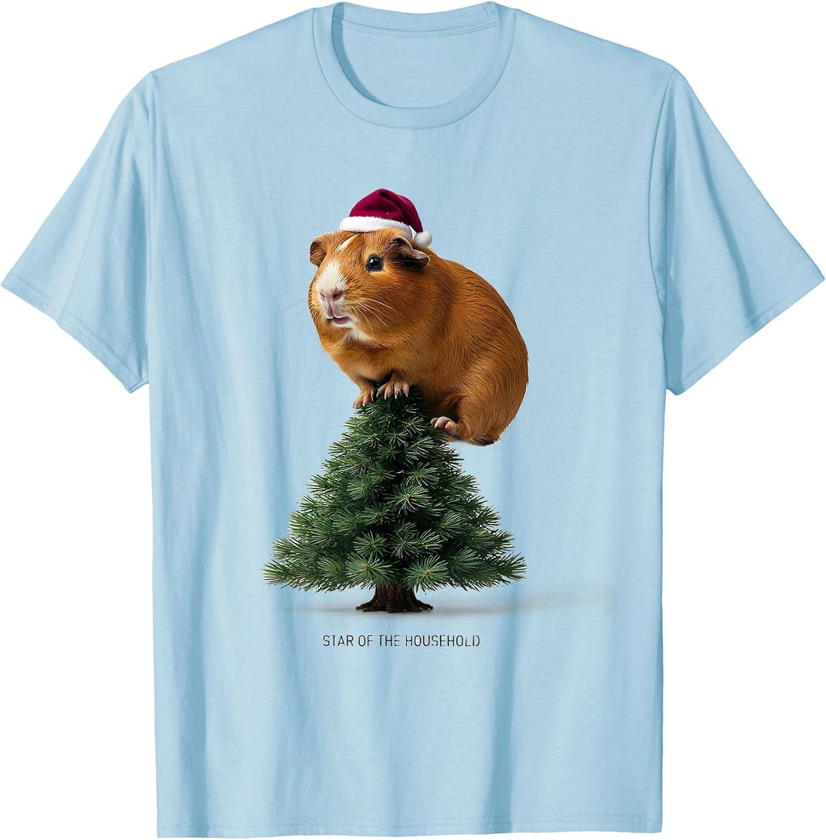 Men's Star Of The Household Funny Guinea Pig Christmas Santa Hat T-Shirt - Baby Blue