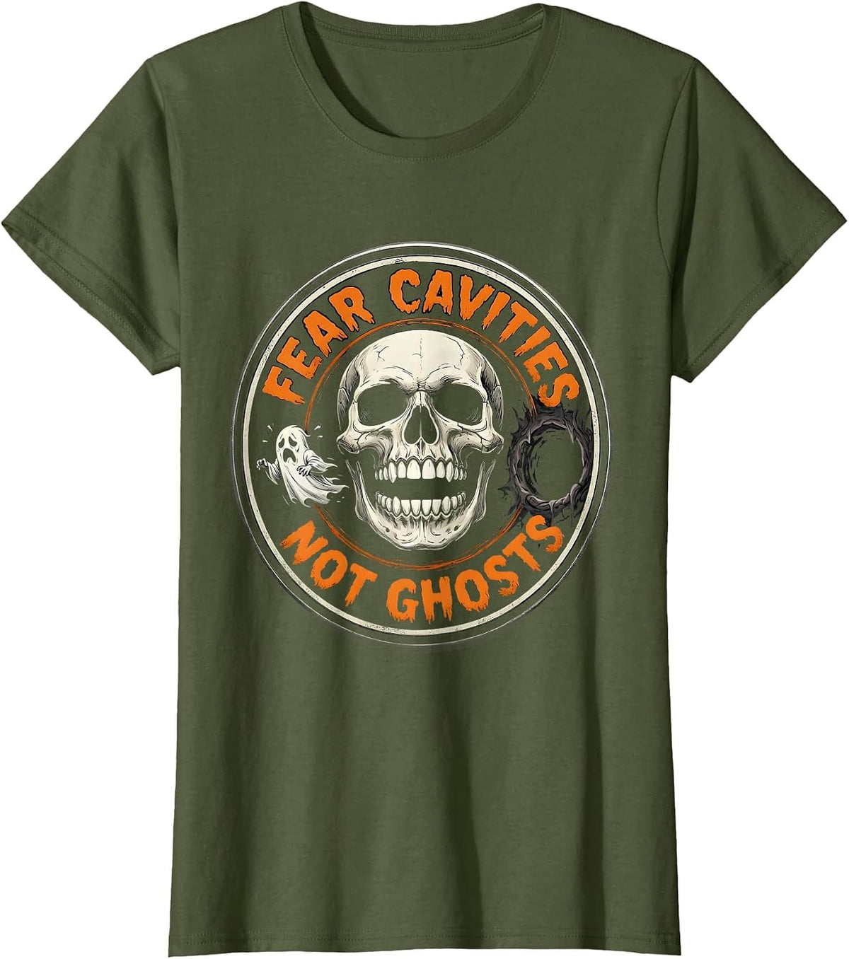Women's Fear Cavities Not Ghosts Halloween Dental Design T-Shirt - Olive Green