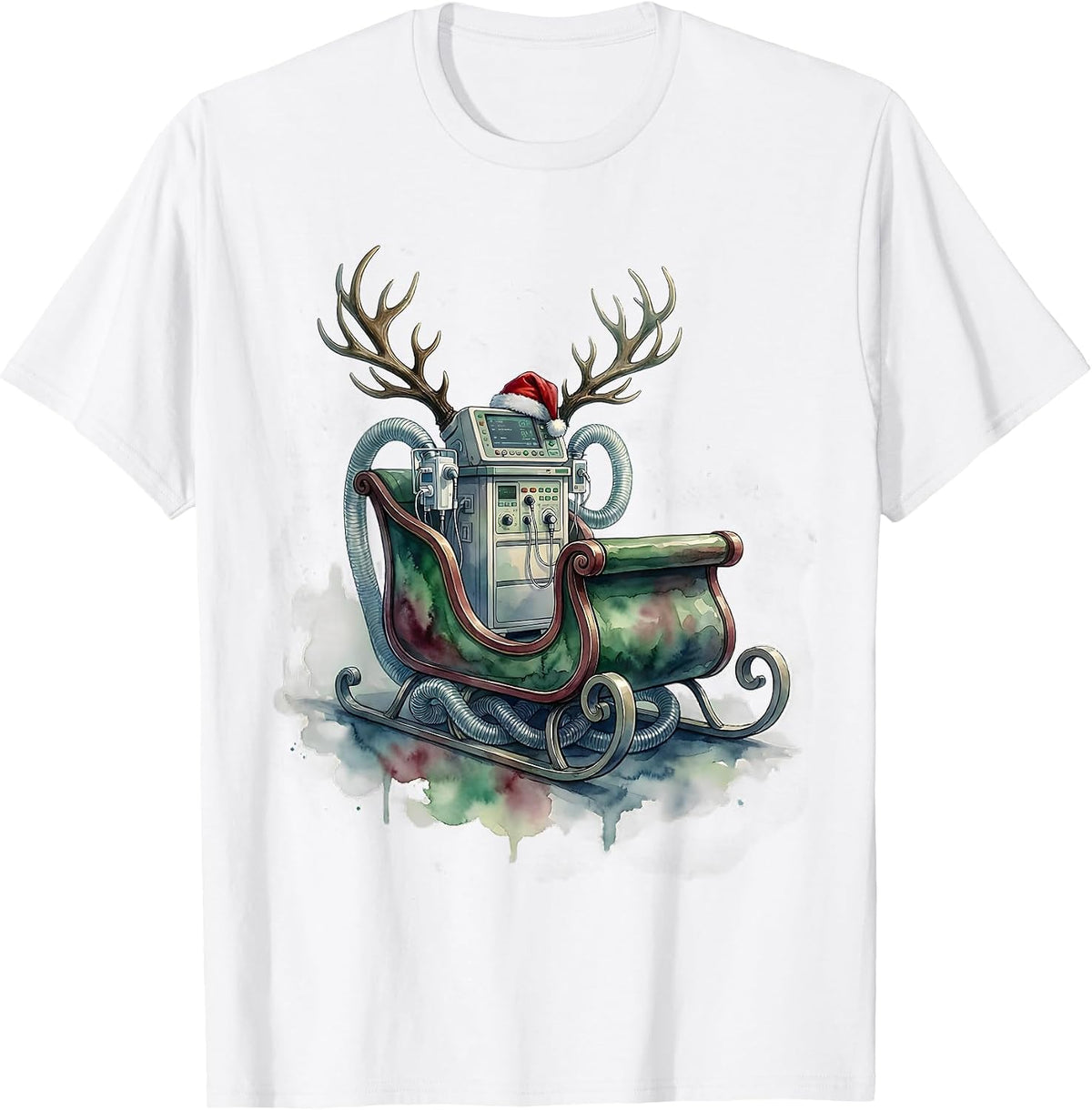 Men's Watercolor Ventilator Sleigh Christmas Respiratory Therapist T-Shirt - White