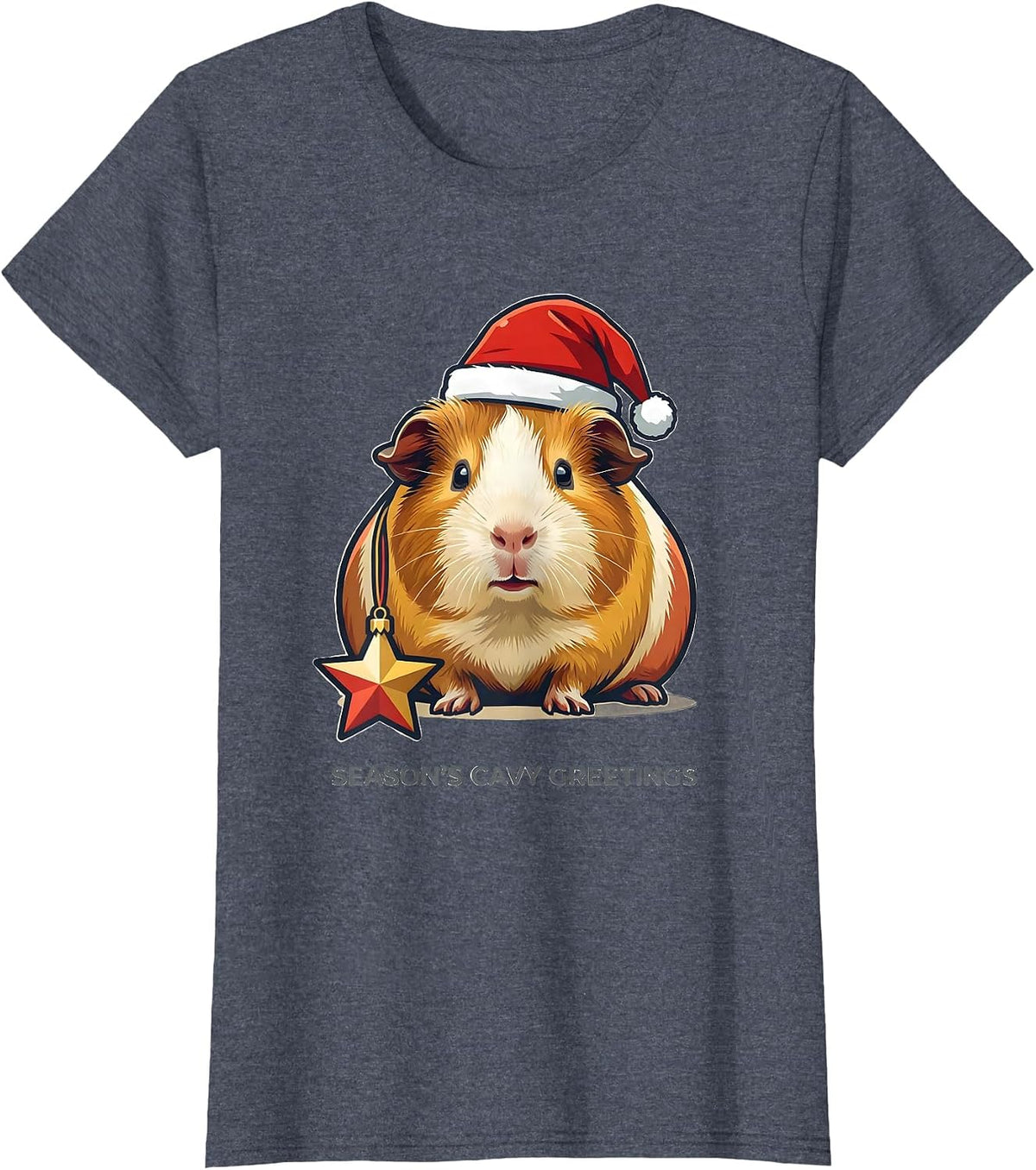 Women's Season's Cavy Greetings Whimsical Guinea Pig Christmas Santa T-Shirt - Heather Blue