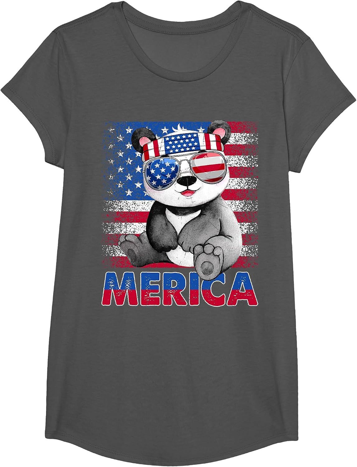 Funny Merica Panda Bear with USA Flag Headband 4th of July T-Shirt - Girls Asphalt Grey