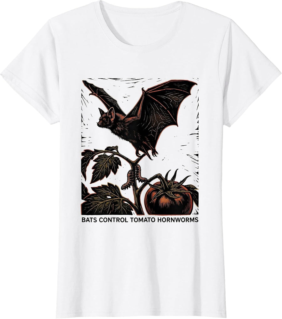 Women's Bats Control Tomato Hornworms Vintage Linocut Bat Lover T-Shirt - White
