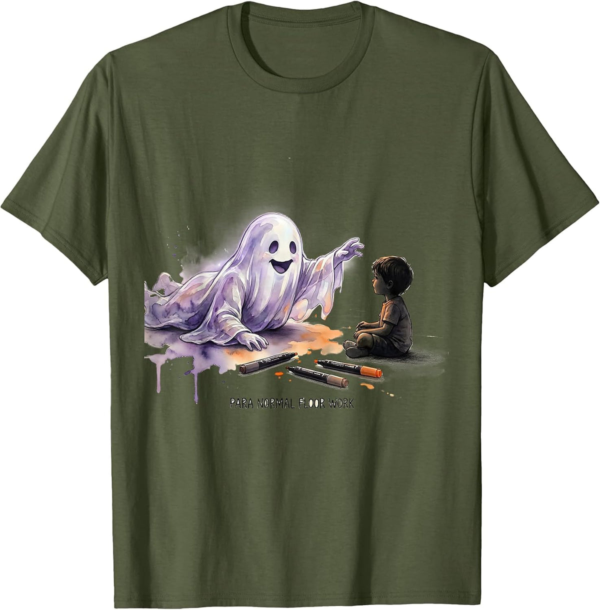Para Normal Floor Work Watercolor Ghost Paraprofessional T-Shirt - Olive Green