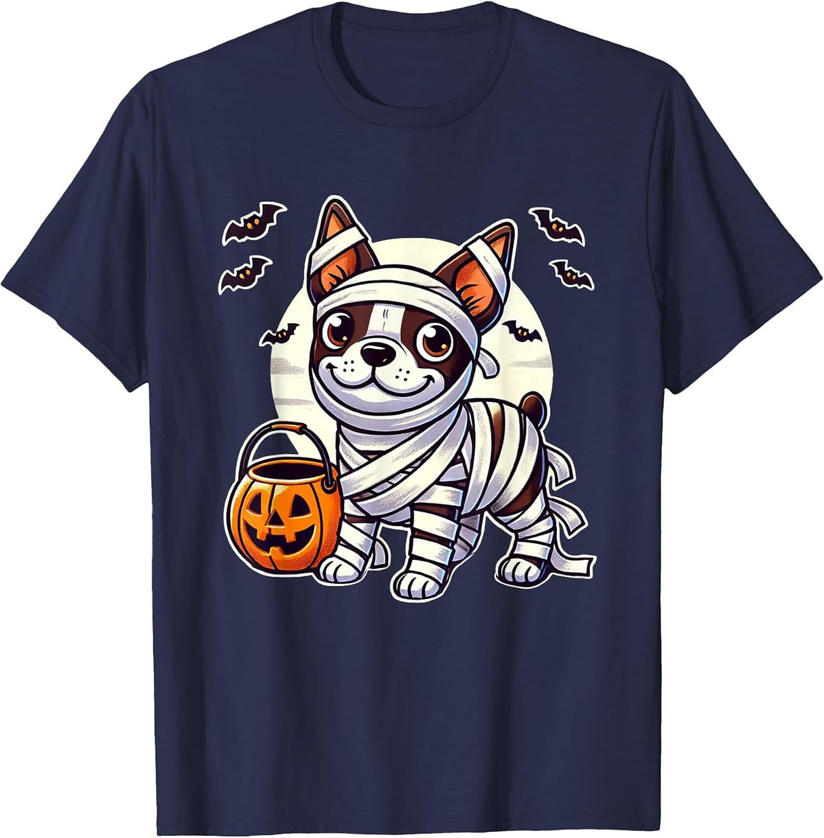 Boston Terrier Halloween Mummy Cute Boston Terrier T-Shirt - Navy Blue