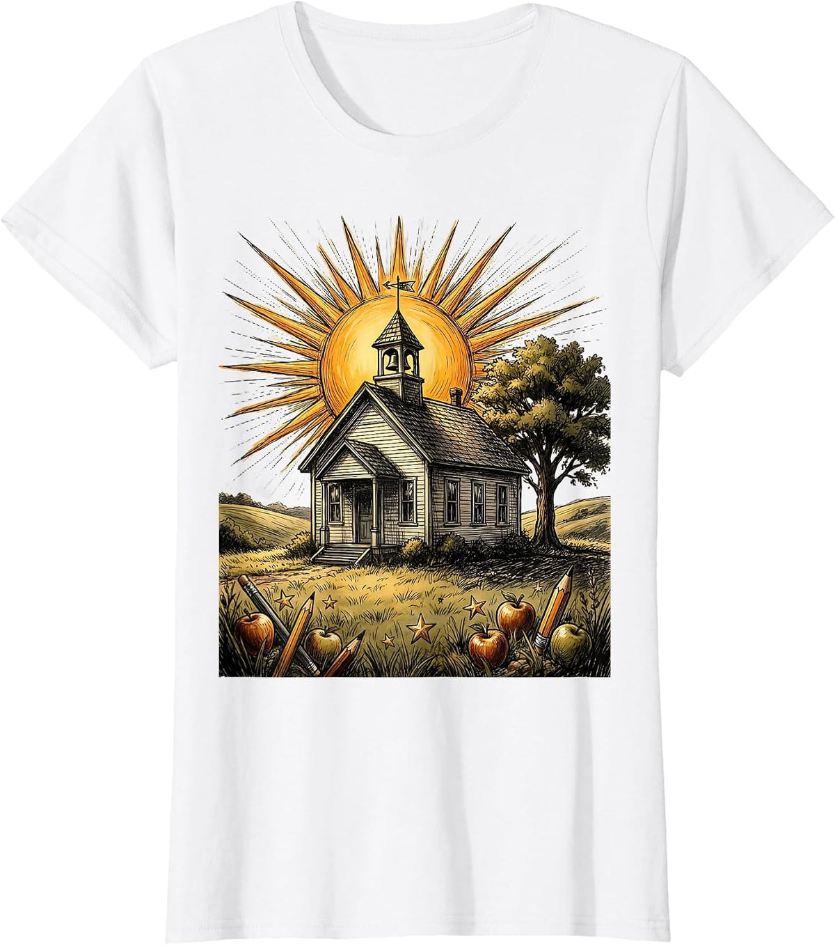 First Grade Teacher Schoolhouse Sunrise Graphic T-Shirt - White