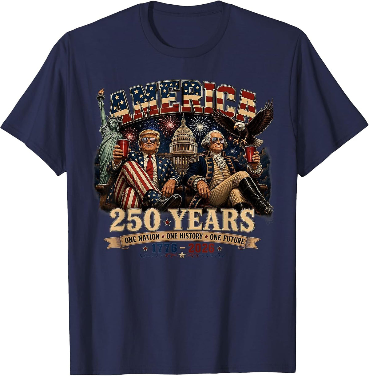250 Years America Anniversary 250th Trump Washington Vintage T-Shirt - Navy Blue