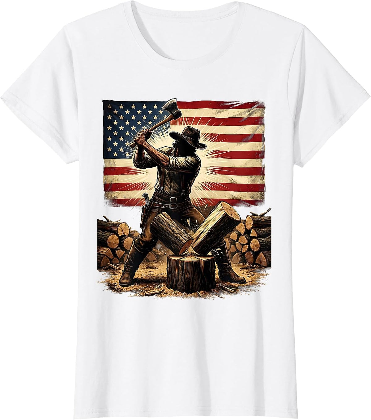 American Flag Wood Chopper Patriotic Graphic T-Shirt - White