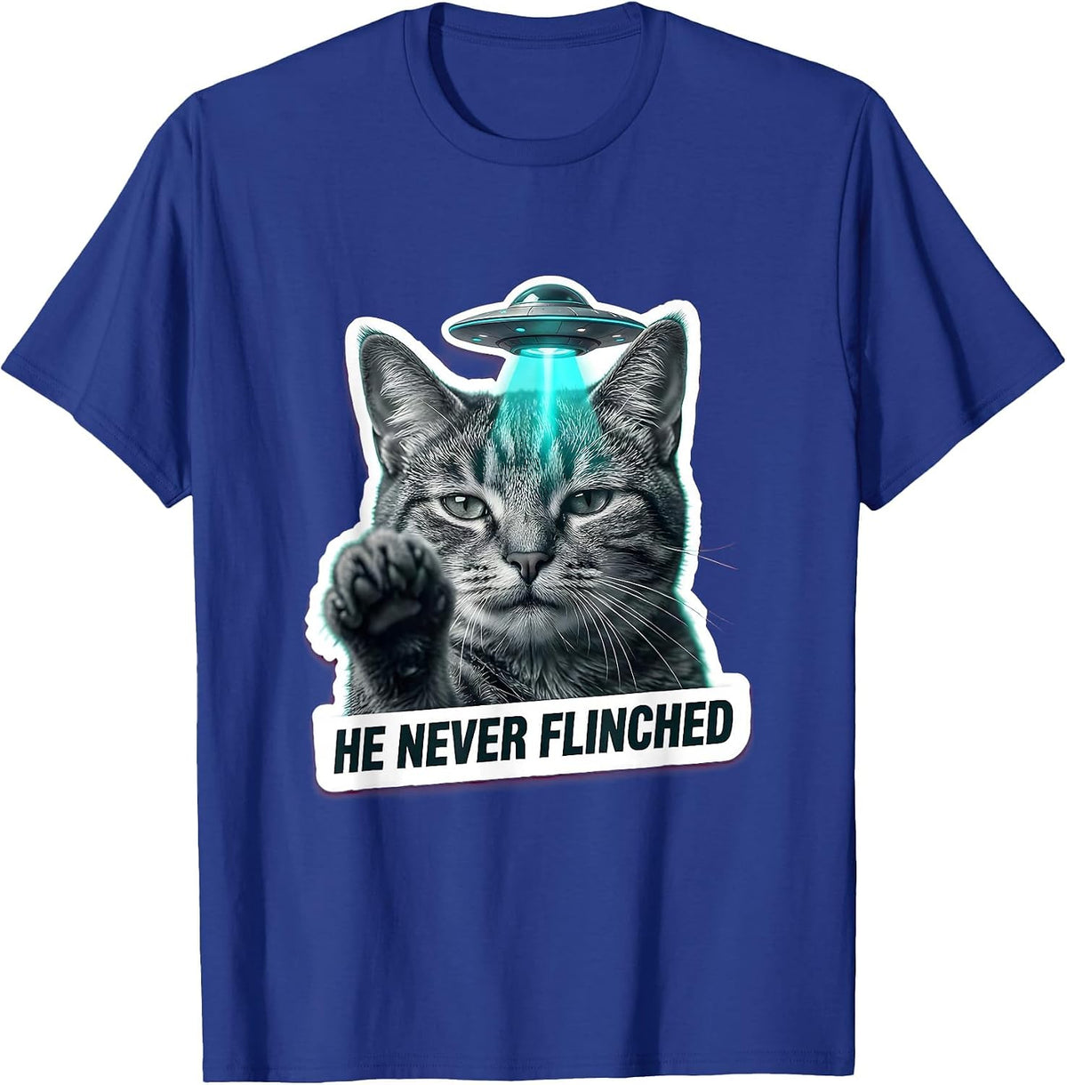 He Never Flinched Funny Cat UFO Alien Abduction Cat Lover T-Shirt - Royal Blue