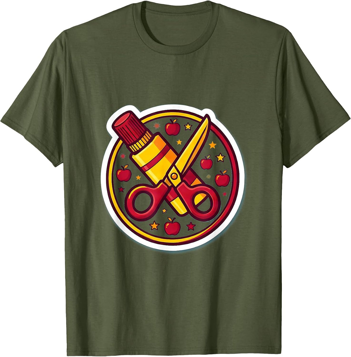 Kindergarten Teacher Glue Stick and Scissors Art T-Shirt - Olive Green