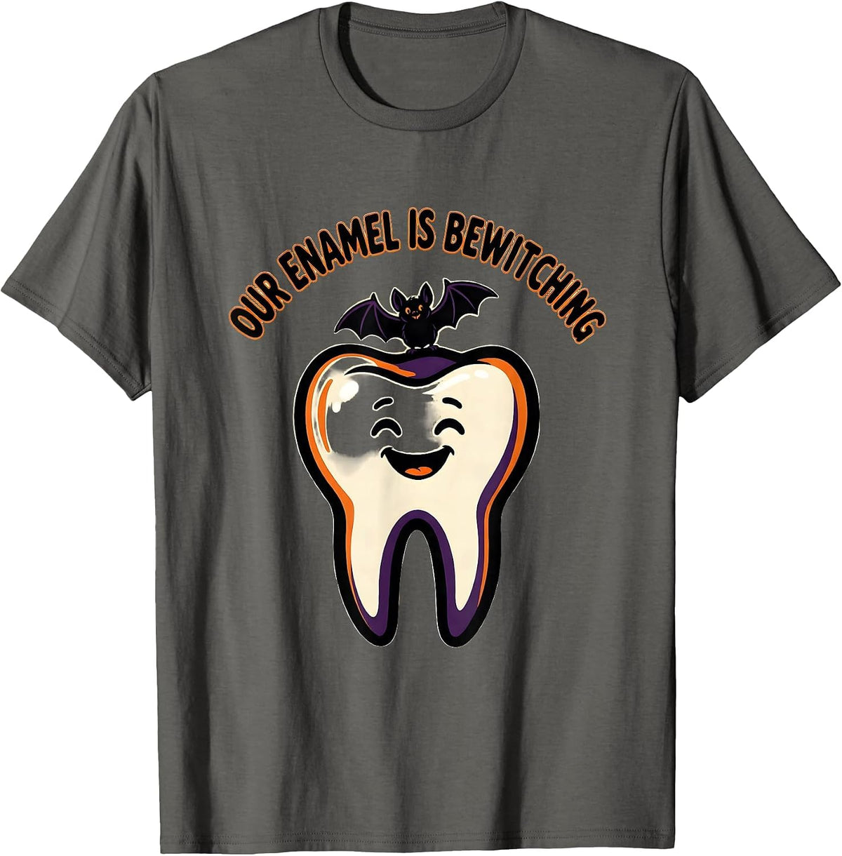 Our Enamel Is Bewitching Cartoon Dental Squad Halloween T-Shirt - Asphalt Grey