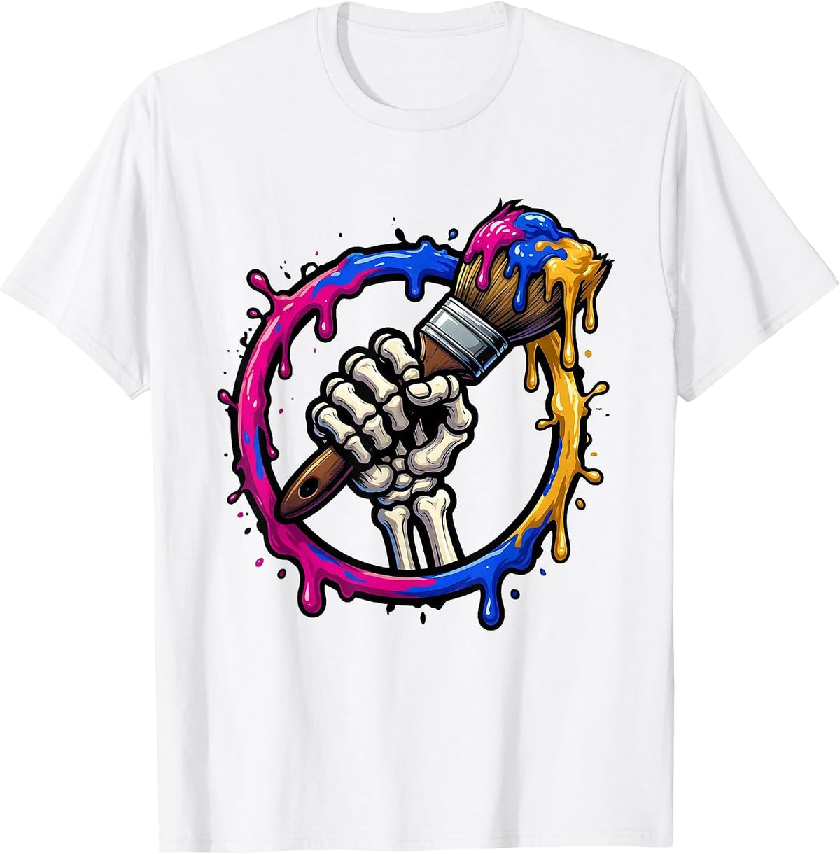 Men's Skeleton Hand Paintbrush Art Teacher Graphic T-Shirt - White