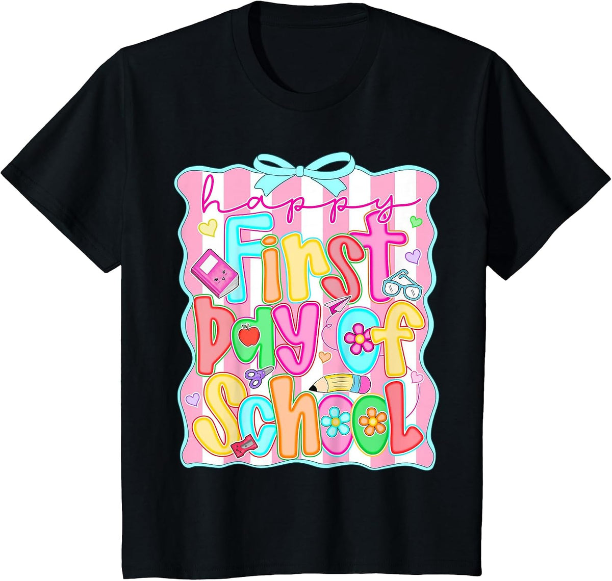 Happy First Day of School Preppy Back to School Teacher Girl T-Shirt - Black