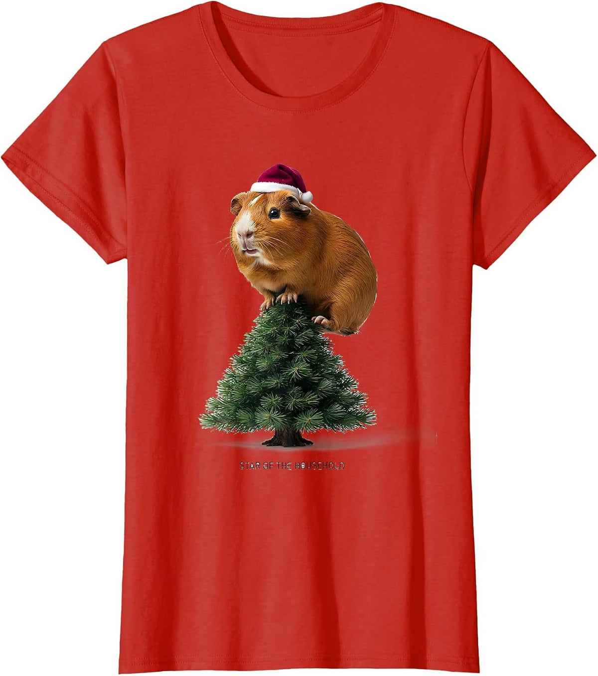 Women's Star Of The Household Funny Guinea Pig Christmas Santa Hat T-Shirt - Red