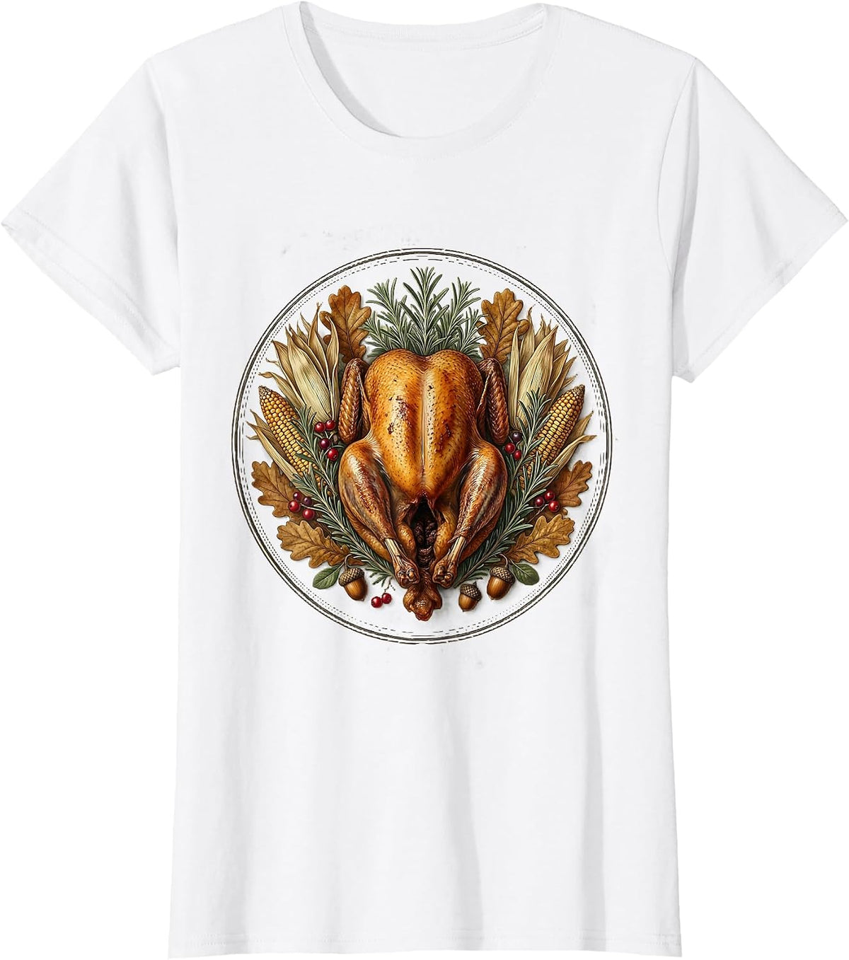 Women's Rustic Roasted Turkey Thanksgiving Illustration T-Shirt - White