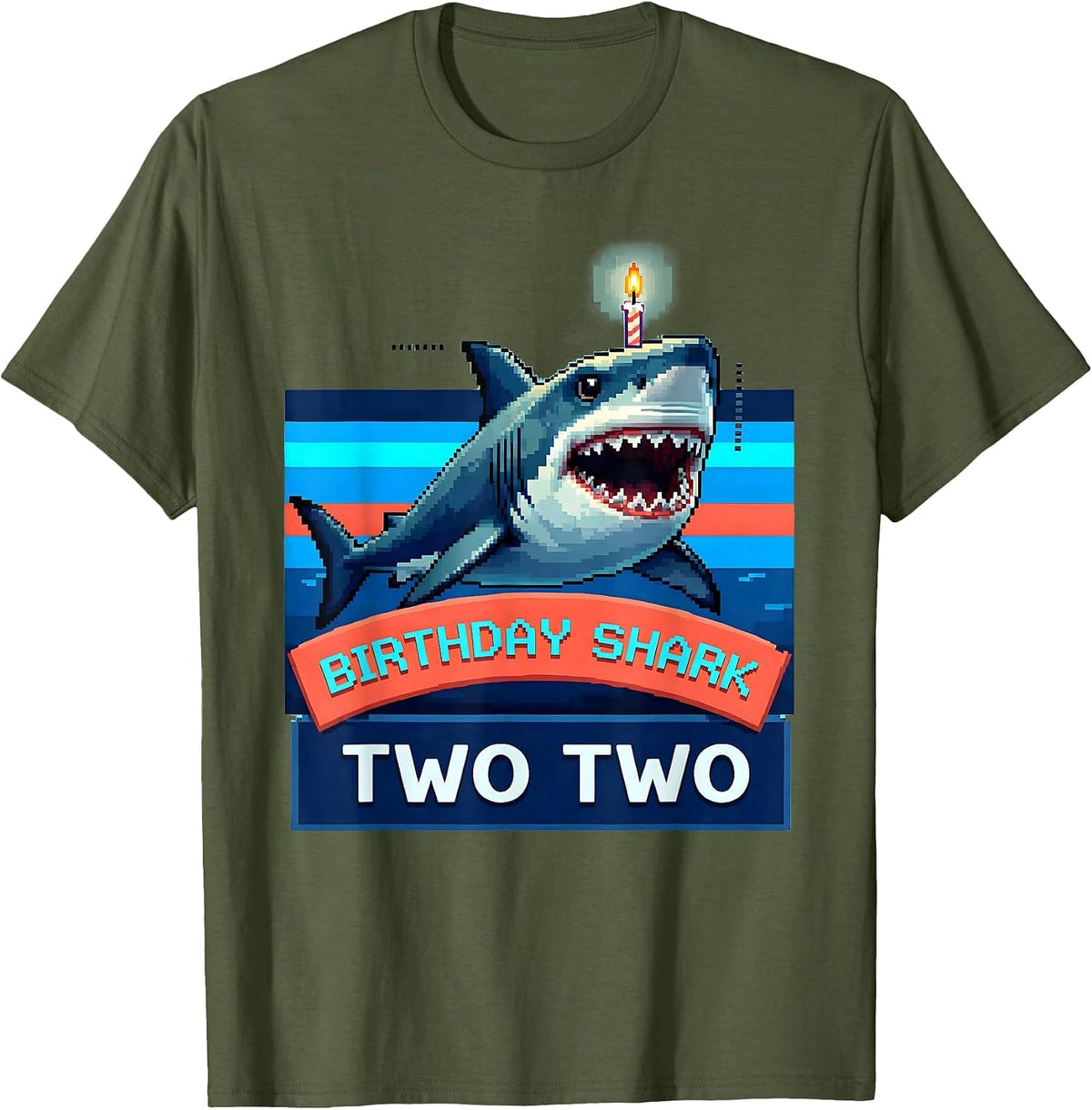 Men's Birthday Shark Two Two Pixel Art Kids Shark Party Age T-Shirt - Olive Green