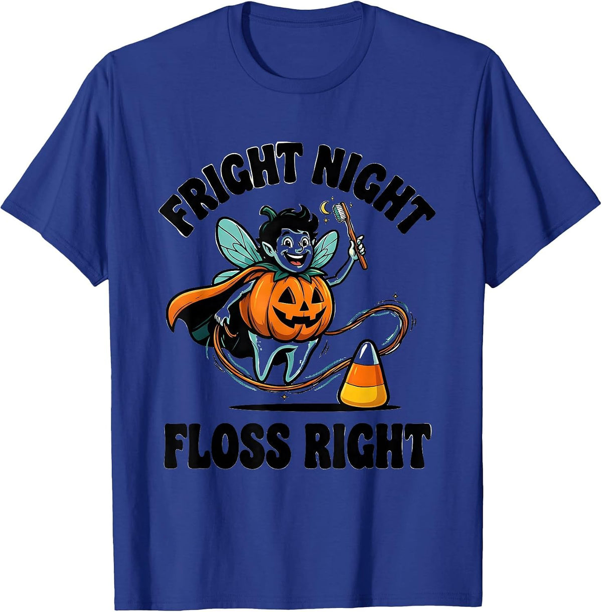 Men's Fright Night, Floss Right Cartoon Dental Humor Halloween T-Shirt - Royal Blue