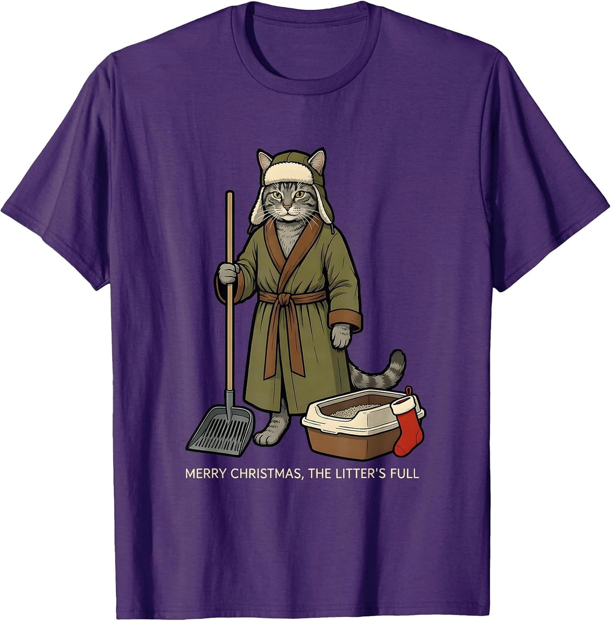 Merry Christmas The Litter's Full Funny Cat Lover Ugly T-Shirt - Purple