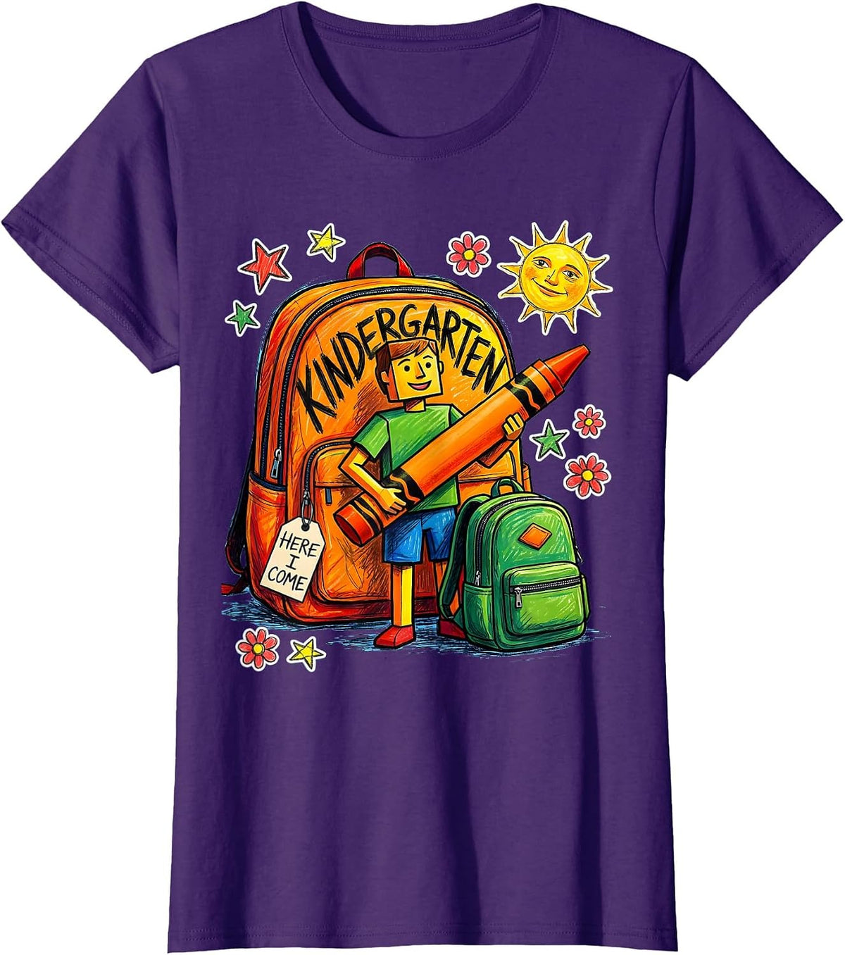Women's Kindergarten, Here I Come Naive Kidcore Teacher Back to T-Shirt - Purple