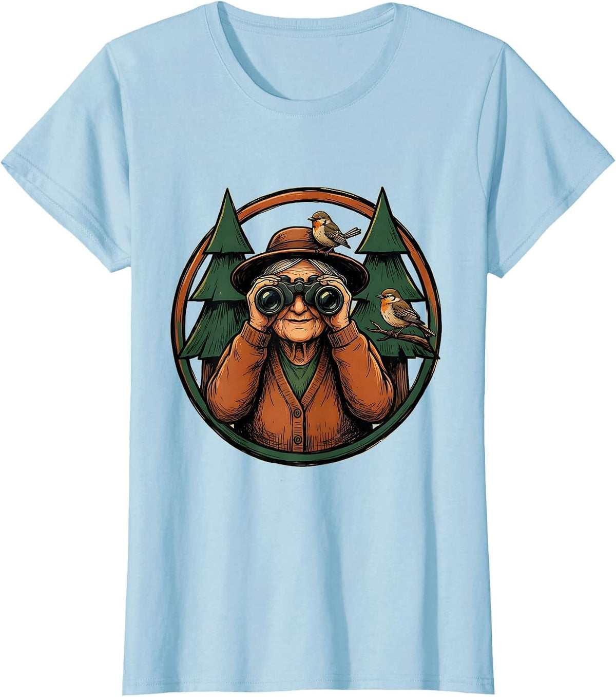 Mimi Bird Watching Grandma in Forest Illustration T-Shirt - Baby Blue
