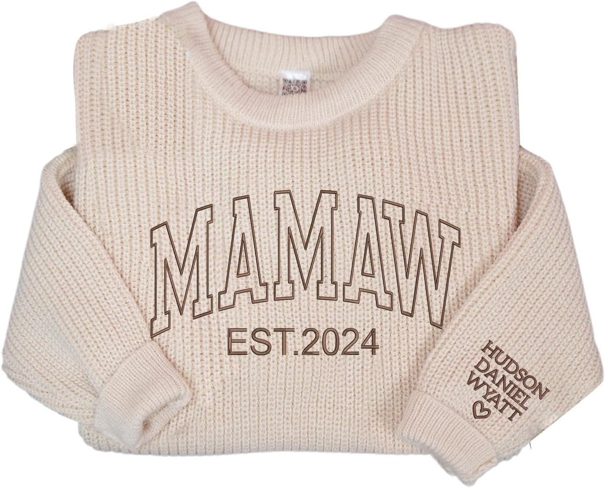 NAZENTI Custom Embroidered Grandma Sweater with Kids Name on Sleeve, Personalized Mama Sweatshirt, Grandma Sweatshirt Gifts