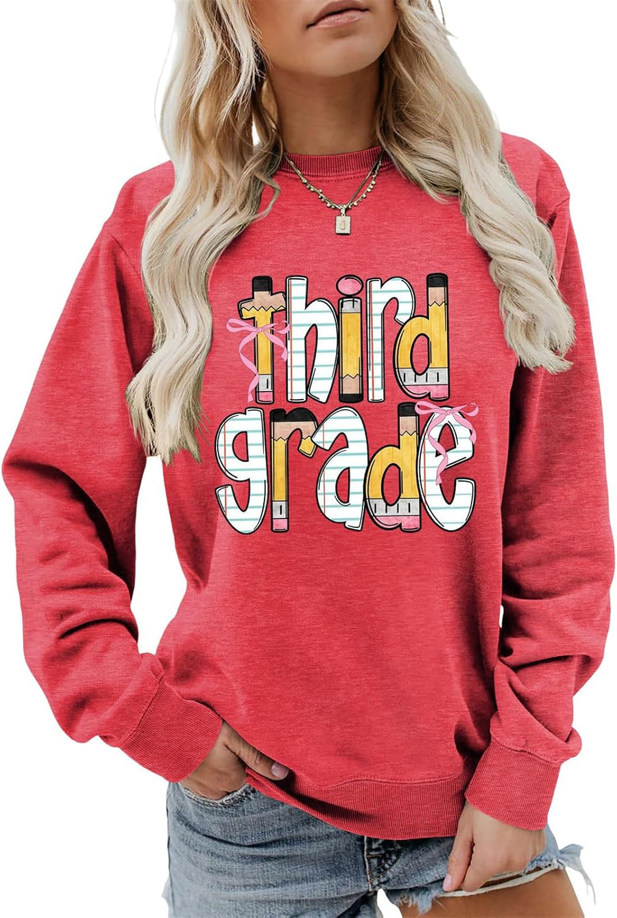 Third Grade Teacher Sweatshirts for Women First Day of School Graphic Shirt - Red